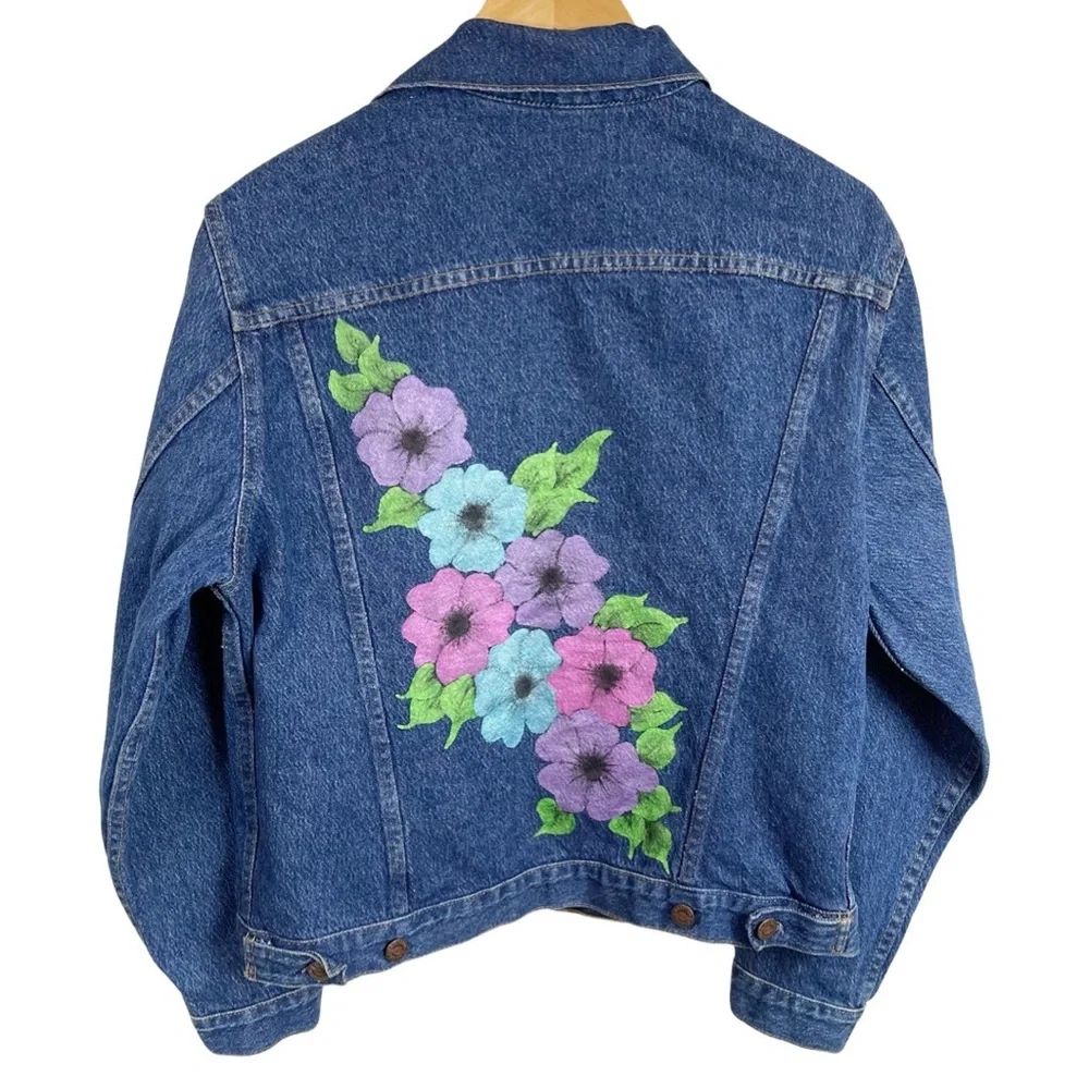 Y2K Vintage  Denim Trucker Jacket S Blue Hand Painted USA - Picture 2 of 10